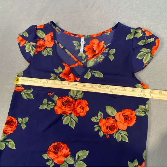DNA Couture Women’s navy & orange Floral blouse, V-neck, cap sleeves, size S - Picture 8 of 8